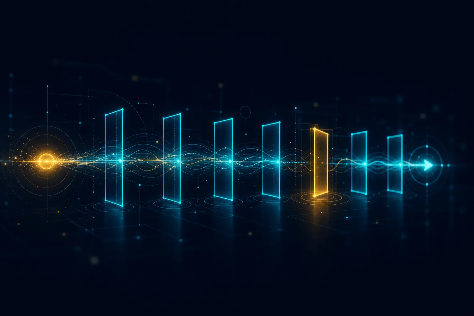 A single glowing token advances left to right through a row of cyan deal-stage gates on a dark navy field, with one isolated stage node glowing warning gold to signal a stall.