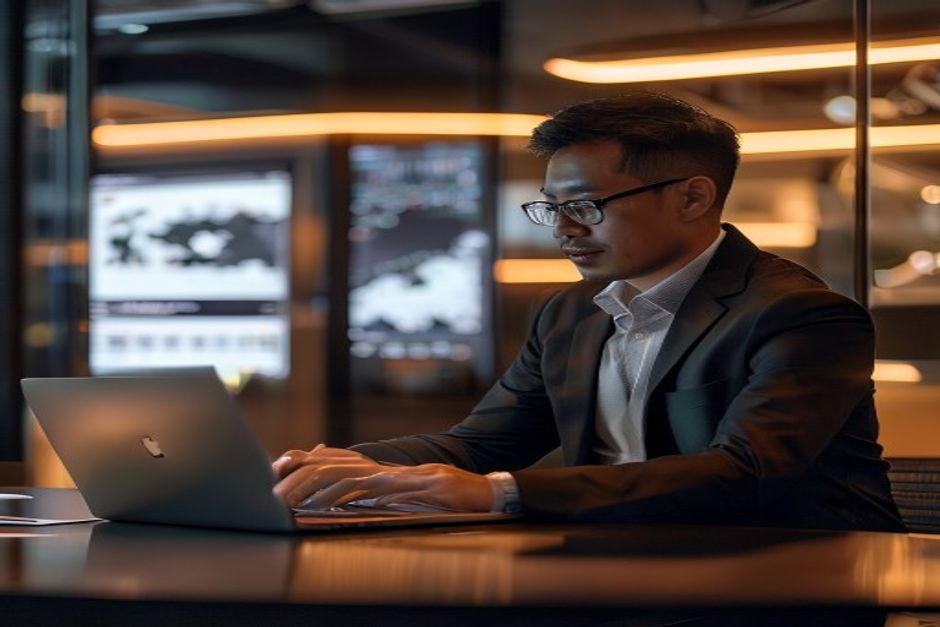 A professional in a dark blazer works on a laptop at a desk in a dimly lit modern office, with data dashboards glowing on wall-mounted screens behind.