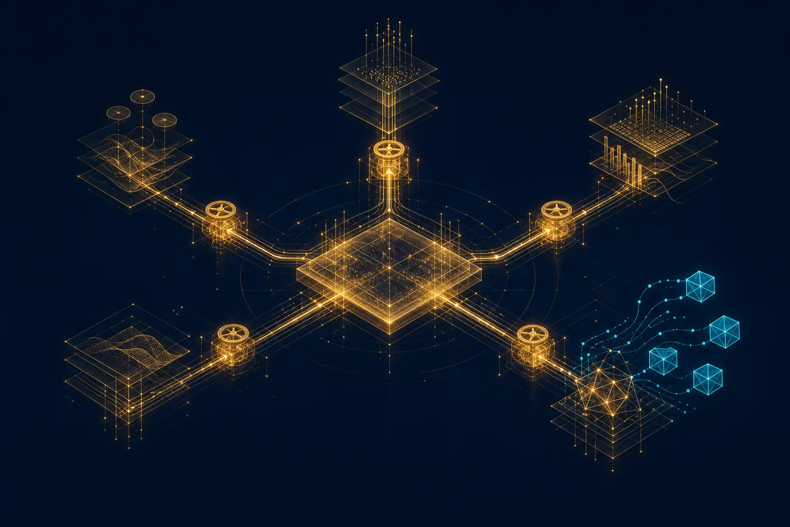 A luminous gold ledger plane sits at the centre of a dark navy composition, with gold data channels branching diagonally outward through small gate valves toward corner data planes and a cluster of cyan geometric nodes.