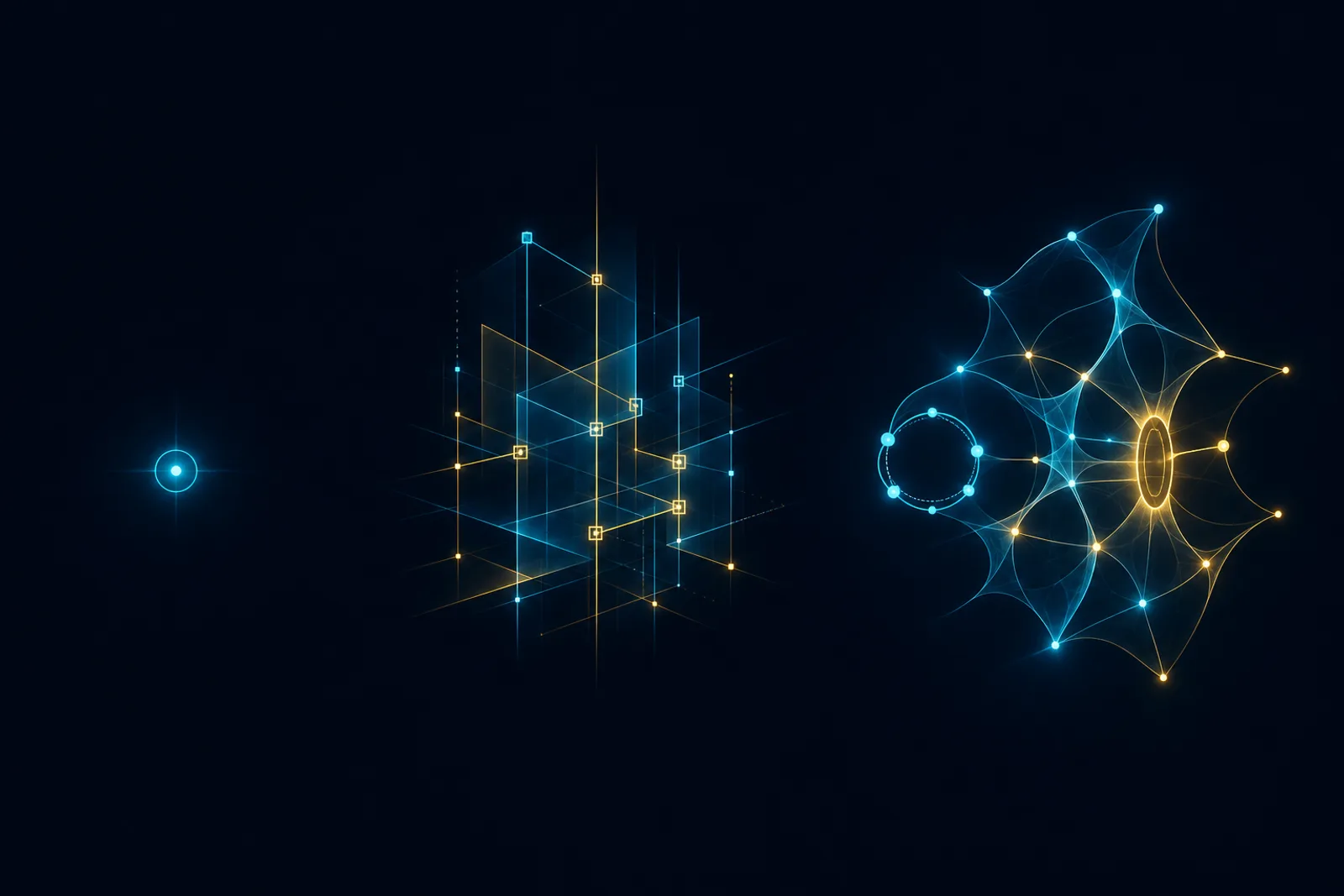 Three contrasting abstract forms stand side by side on dark navy: a lone node, a rigid orthogonal gold grid, and an adaptive glowing cyan mesh with a small memory loop and gold gate.