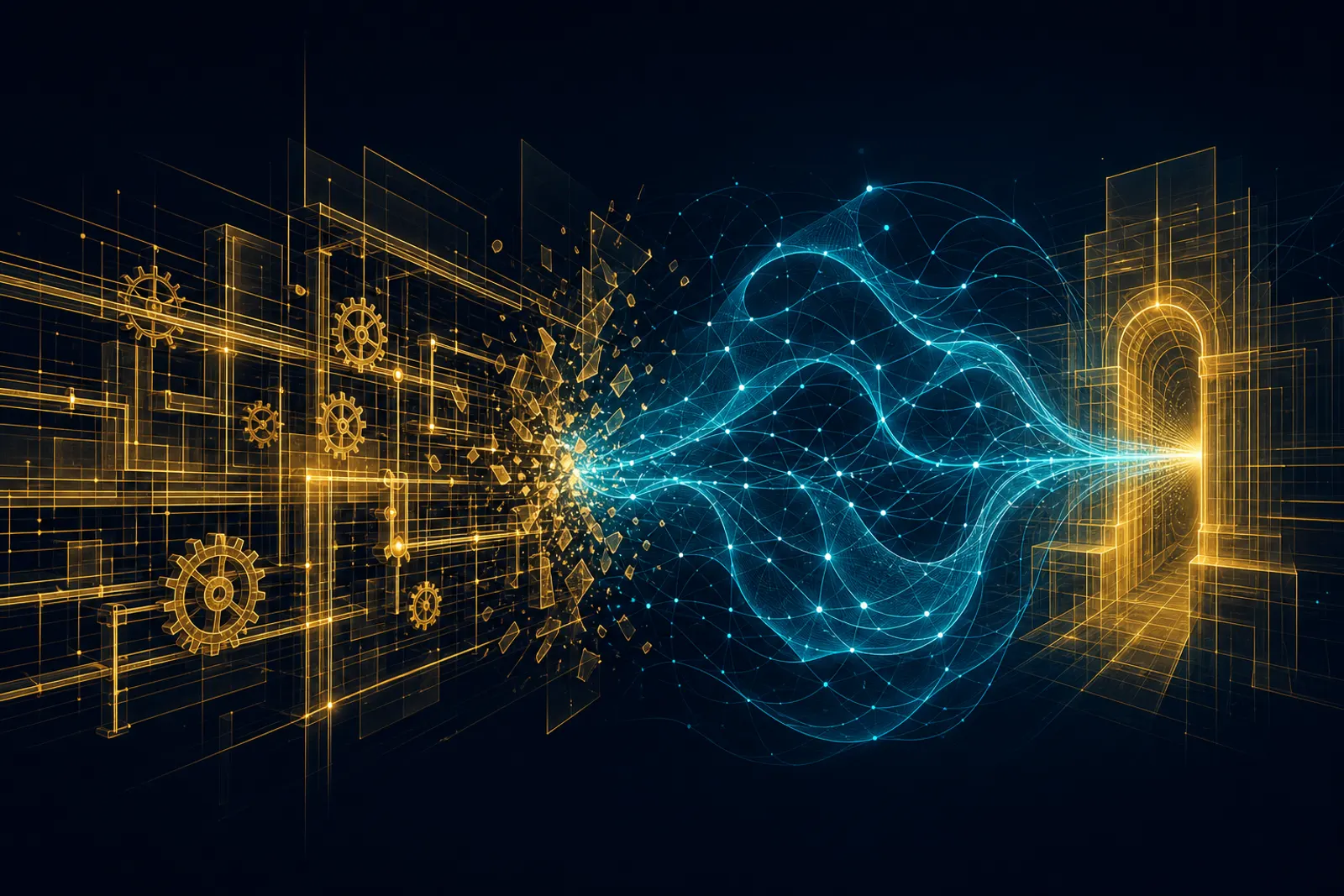 A dark navy composition split down the middle contrasts a rigid mechanical lattice of gold gears on the left with a fluid adaptive cyan mesh routing into a gold escalation gate on the right.