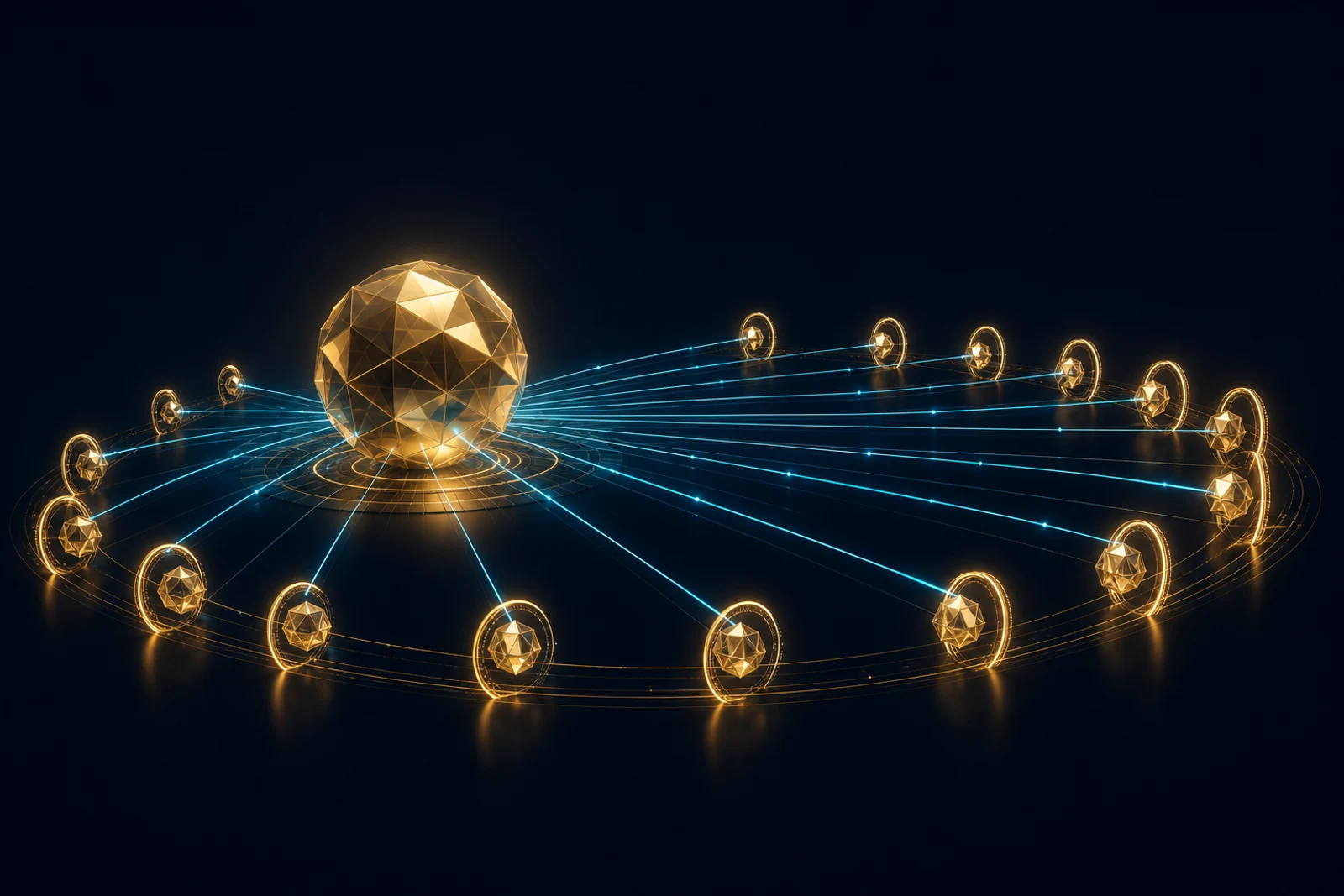 A faceted gold command-hub sphere on dark navy linked by cyan light conduits to a surrounding ring of smaller translucent gold agent nodes, each passing through a small glowing aperture gate.