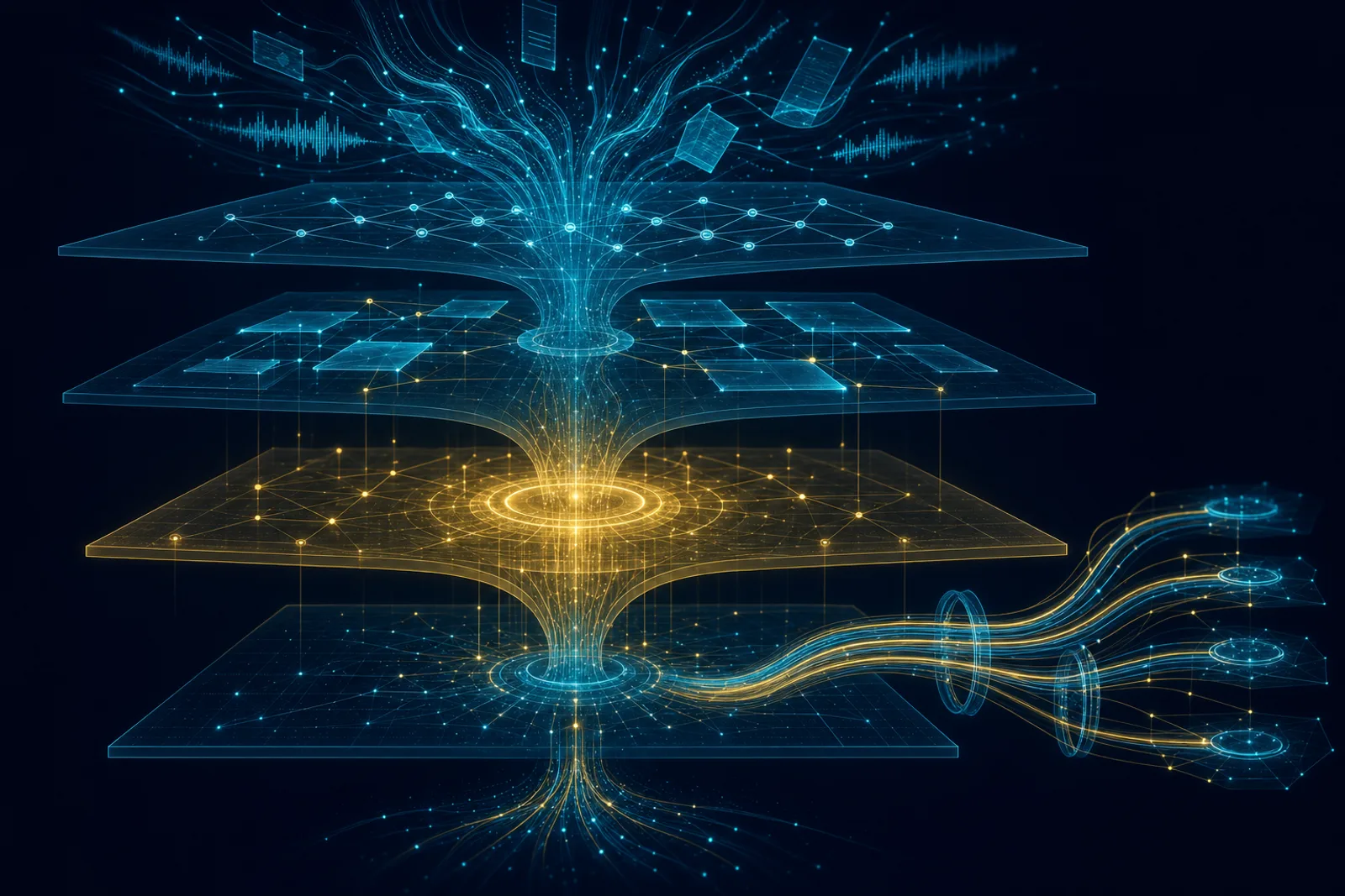 Cyan input wisps enter the top of a dark navy frame and descend through four stacked translucent layers, with a gold gated action layer glowing brightest and an escalation branch peeling to the side.