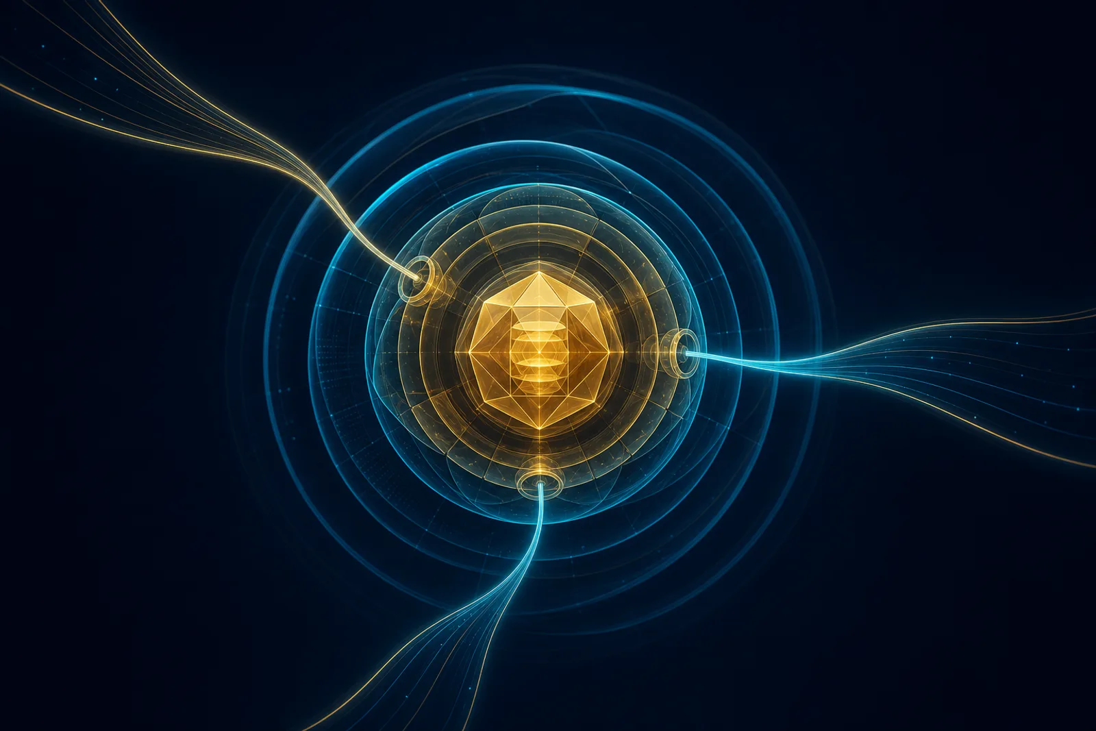 A dense faceted gold core sits inside nested translucent gold and cyan shells on dark navy, with three smooth light conduits reaching inward through small aperture rings.