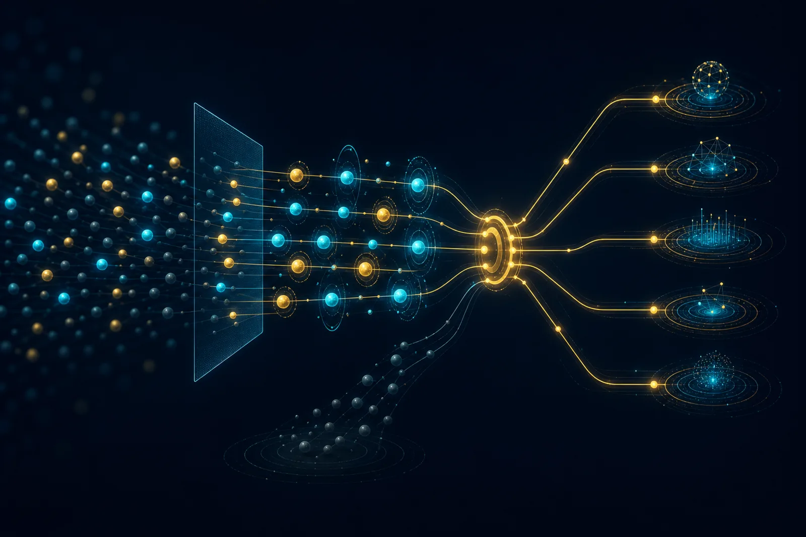Many small lead nodes enter from the left of a dark navy frame, pass through a brightening scoring filter and cyan enrichment rings, then fork at a gold routing switch while dim nodes peel into a disqualification branch.