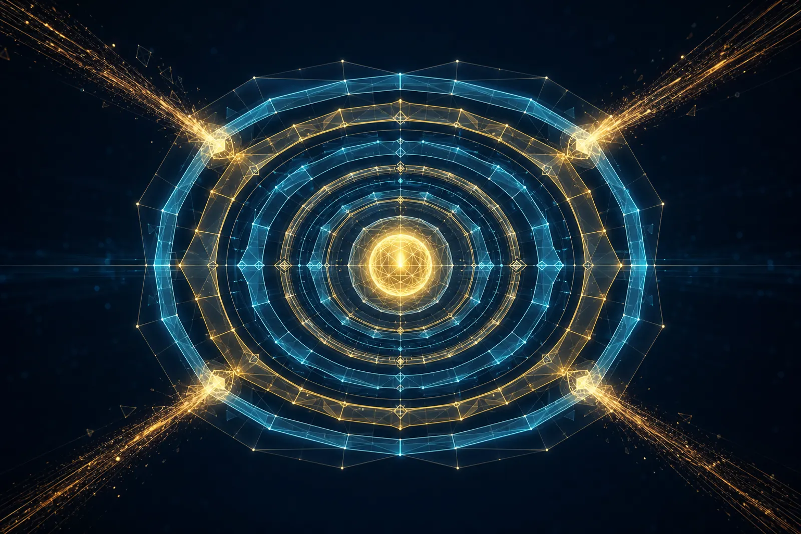 Concentric gold and cyan perimeter rings enclose a bright gold core on dark navy, with four incoming attack-vector filaments deflected and contained at glowing corner gate points.