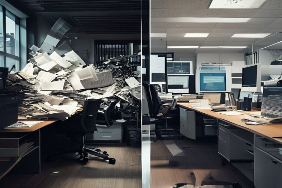A single office split down the middle: the left half buried under towering stacks of paper documents, the right half the same workspace cleared and orderly with tidy desks and monitors.