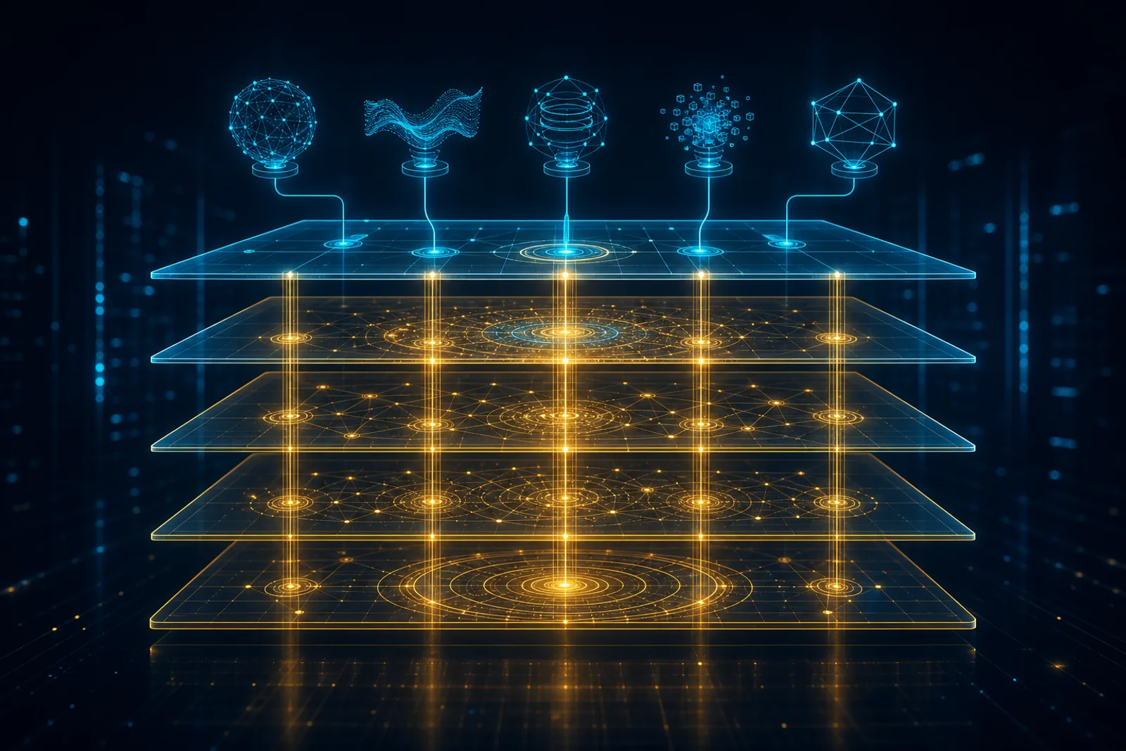 Five translucent horizontal planes float in stacked depth against dark navy, joined by vertical gold columns, with five external system nodes docking into the top plane via cyan connectors.