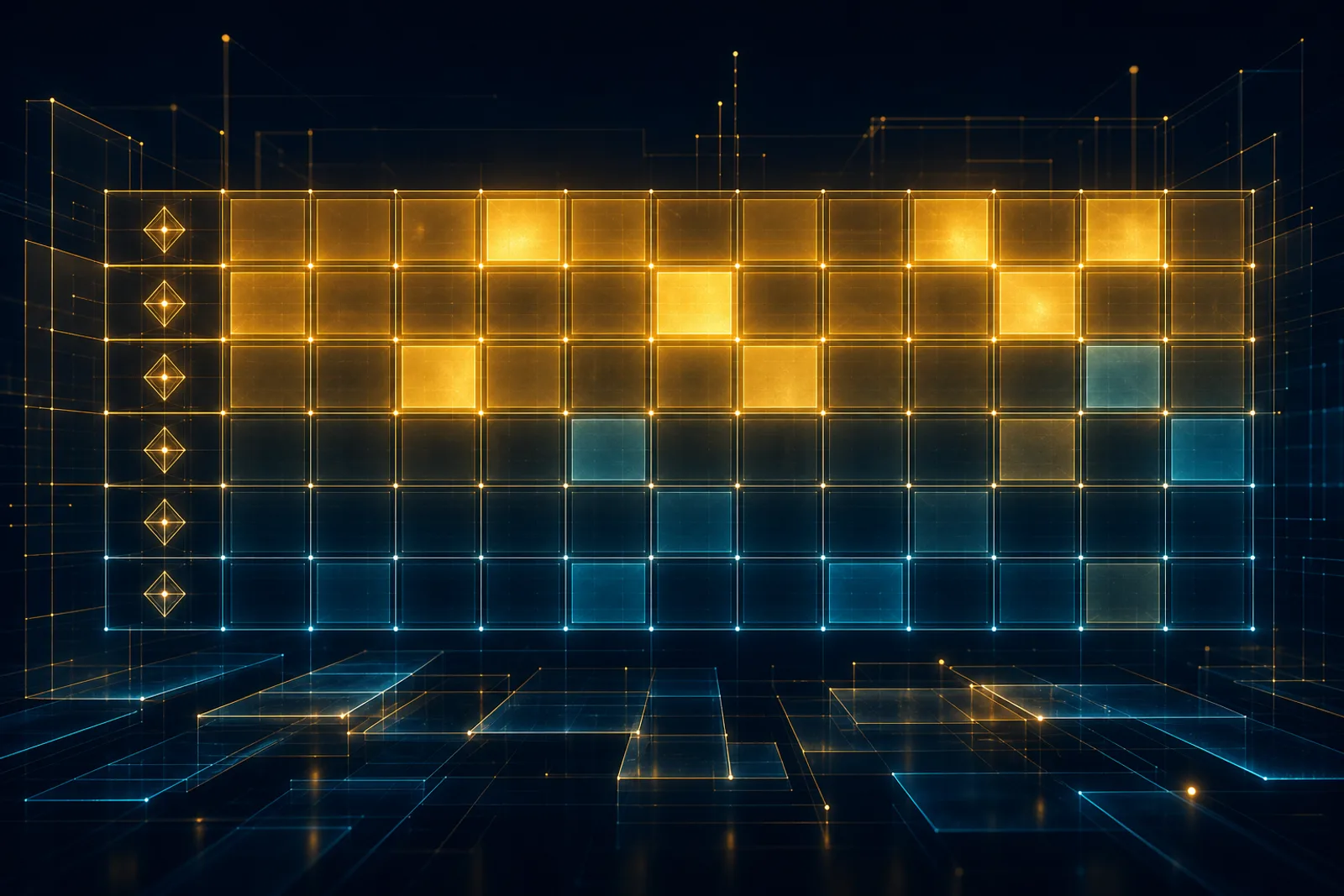 A luminous grid of criterion rows floats on dark navy, cells lit from dark to bright, with the upper rows glowing strongest in gold and dim cyan cells marking gaps.