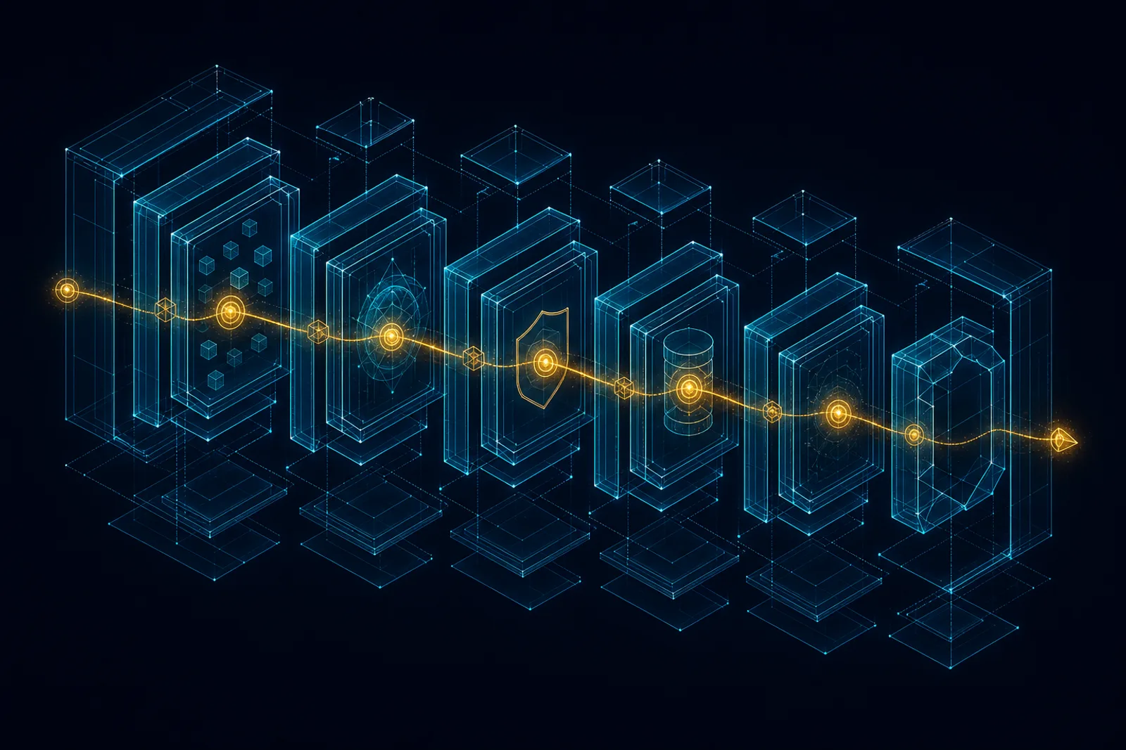 A row of translucent hardened enclosures floats in stacked isometric depth against dark navy, threaded by a single gold chain passing through cyan wireframe edges and gold nodes.