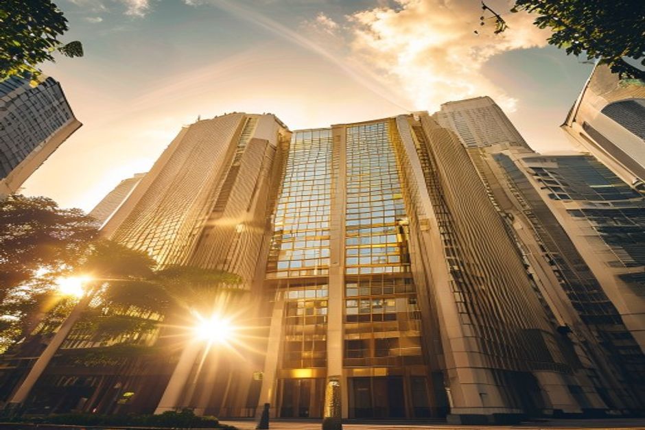 An upward view of Singapore's downtown office towers with glass facades catching golden-hour sunlight, framed by overhanging tree branches.