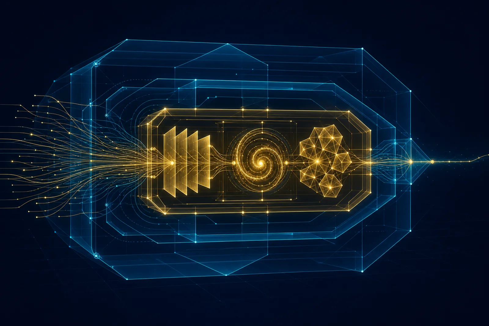 A large outer cyan perimeter shell on dark navy contains a smaller bright gold governance core, with one action filament slipping through the outer shell ungated and inner lines passing through an approval gate.