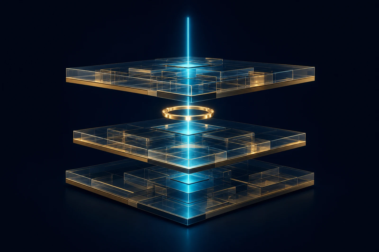 Three stacked translucent glass and gold architectural layers on dark navy, connected by a vertical cyan light conduit, with a single glowing gold gate ring checkpoint between the middle and top layer.