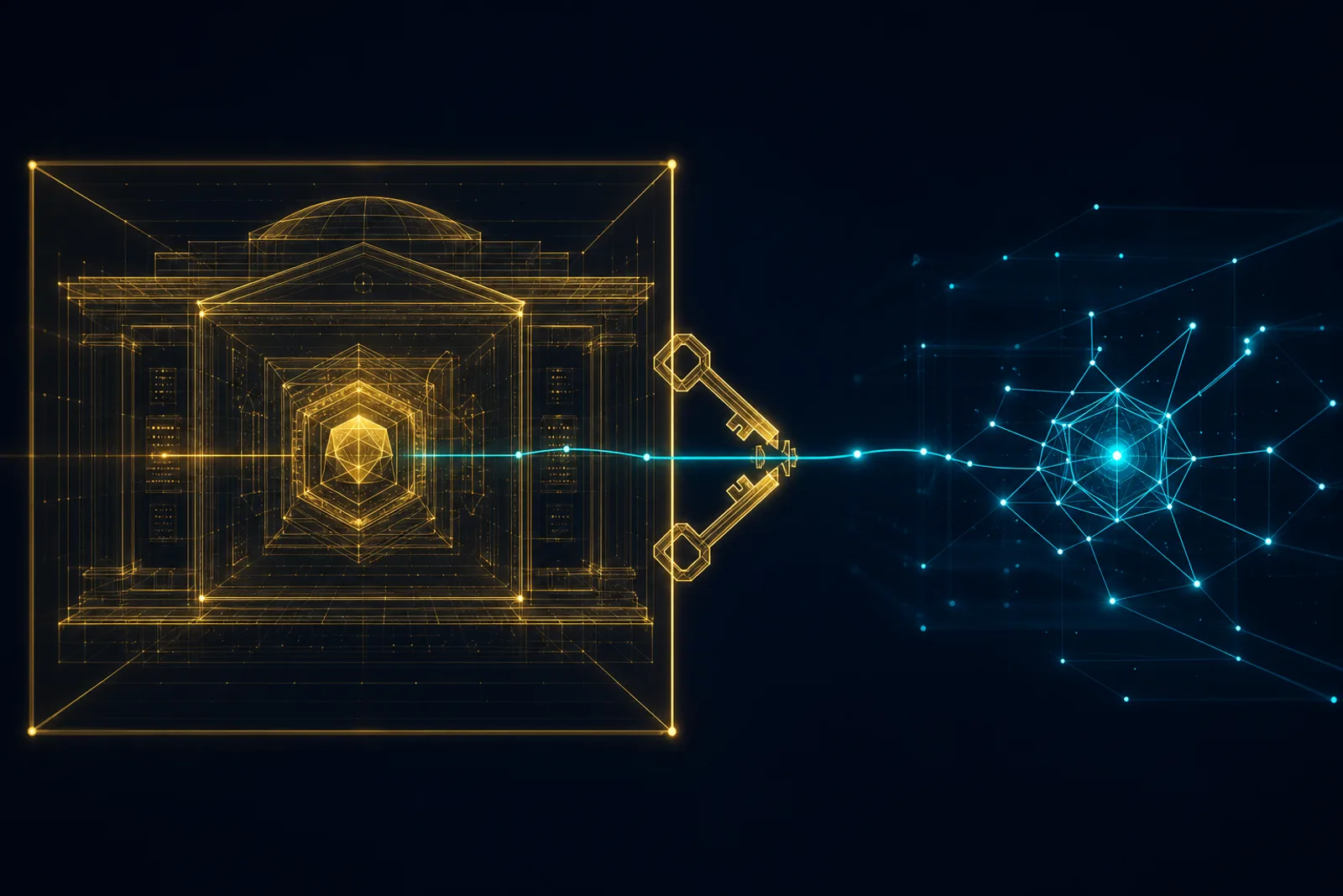 A bright bounded gold enclosure on dark navy holds an internal vault, with a single cyan inference tendril crossing the perimeter to an external node and a dual-key gold gate at the crossing.