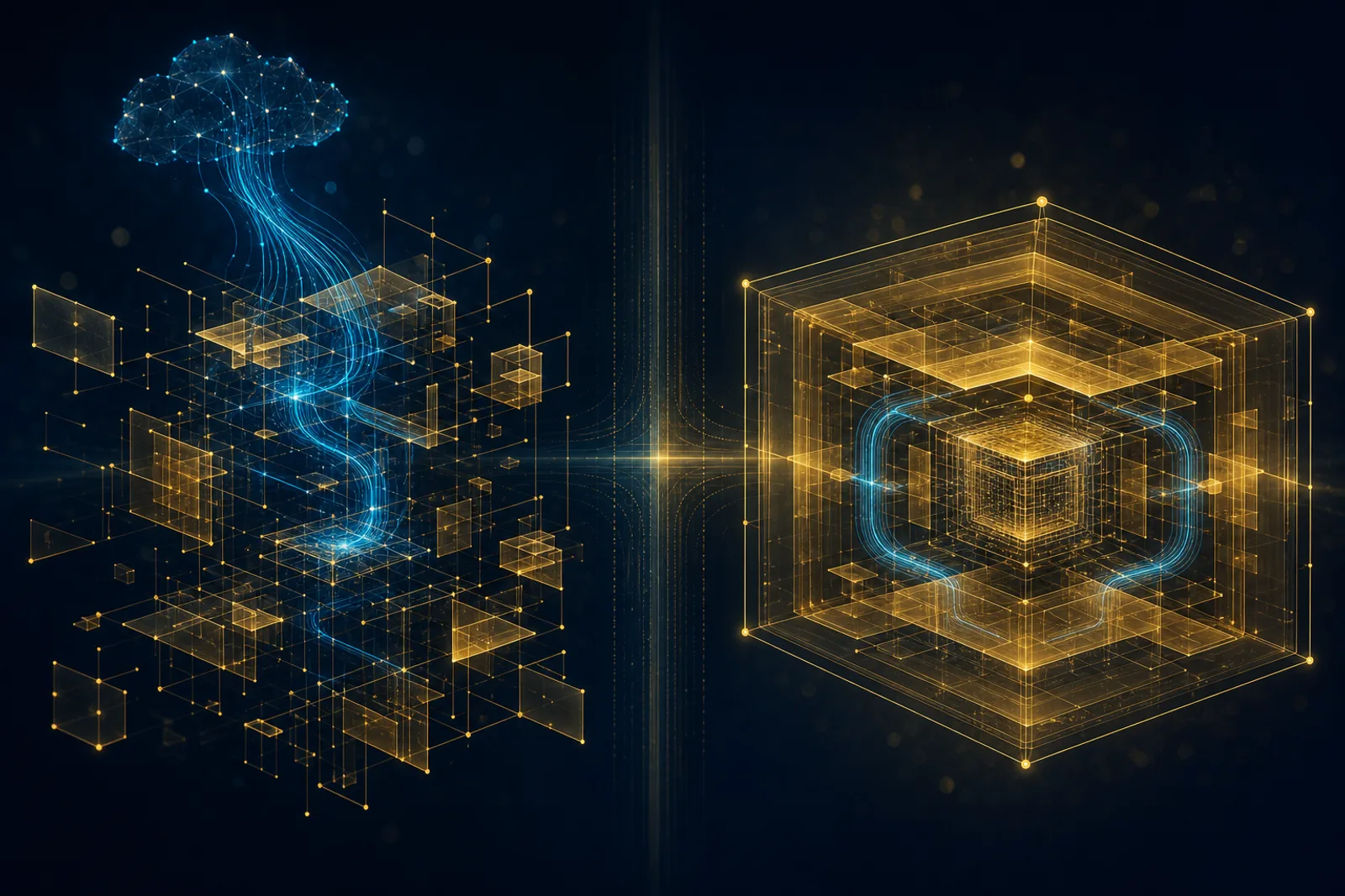 A dark navy composition split in two contrasts scattered gold framework blocks leaking a trace stream up to a distant cloud node on the left against a sealed gold core looping its trace internally on the right.