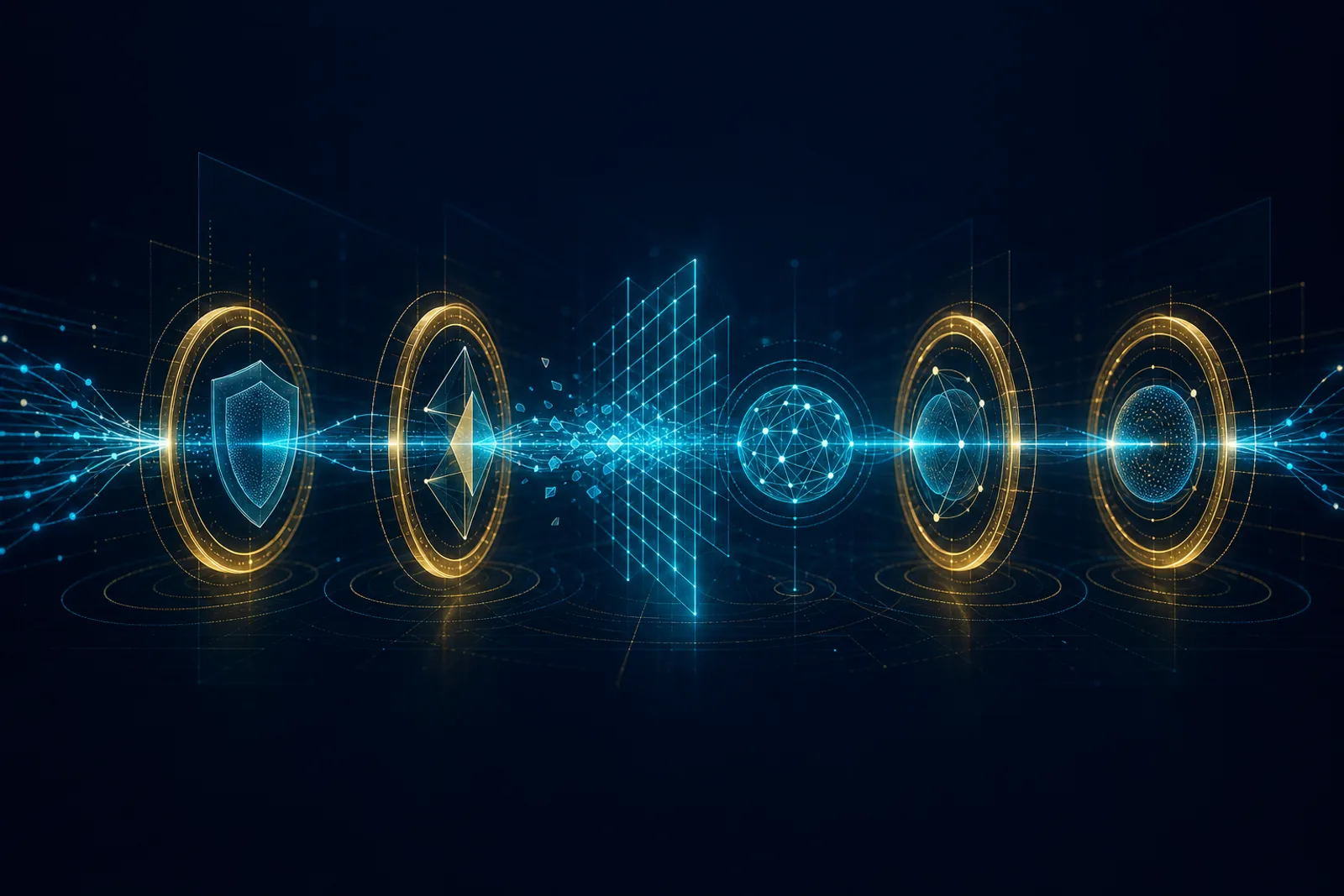 A single data strand travels horizontally through four gold seal-checkpoints on dark navy, passing through a cyan masking lattice at a central node that obscures sensitive facets.