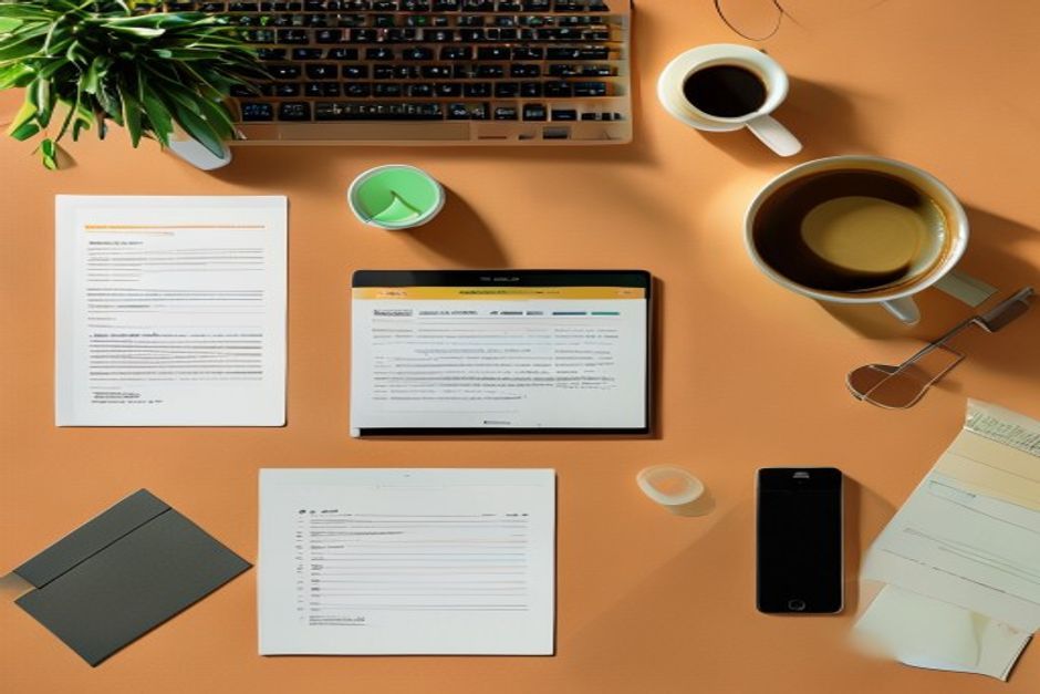 An overhead flat-lay of a desk on an orange surface holding a keyboard, two cups of coffee, printed documents, a tablet, and a smartphone arranged around a small potted plant.