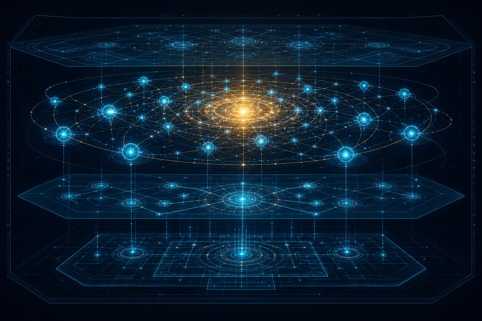 A wide radial constellation of glowing cyan memory nodes orbits a gold core on dark navy, resolving below into three stacked architectural layers within a faint perimeter.