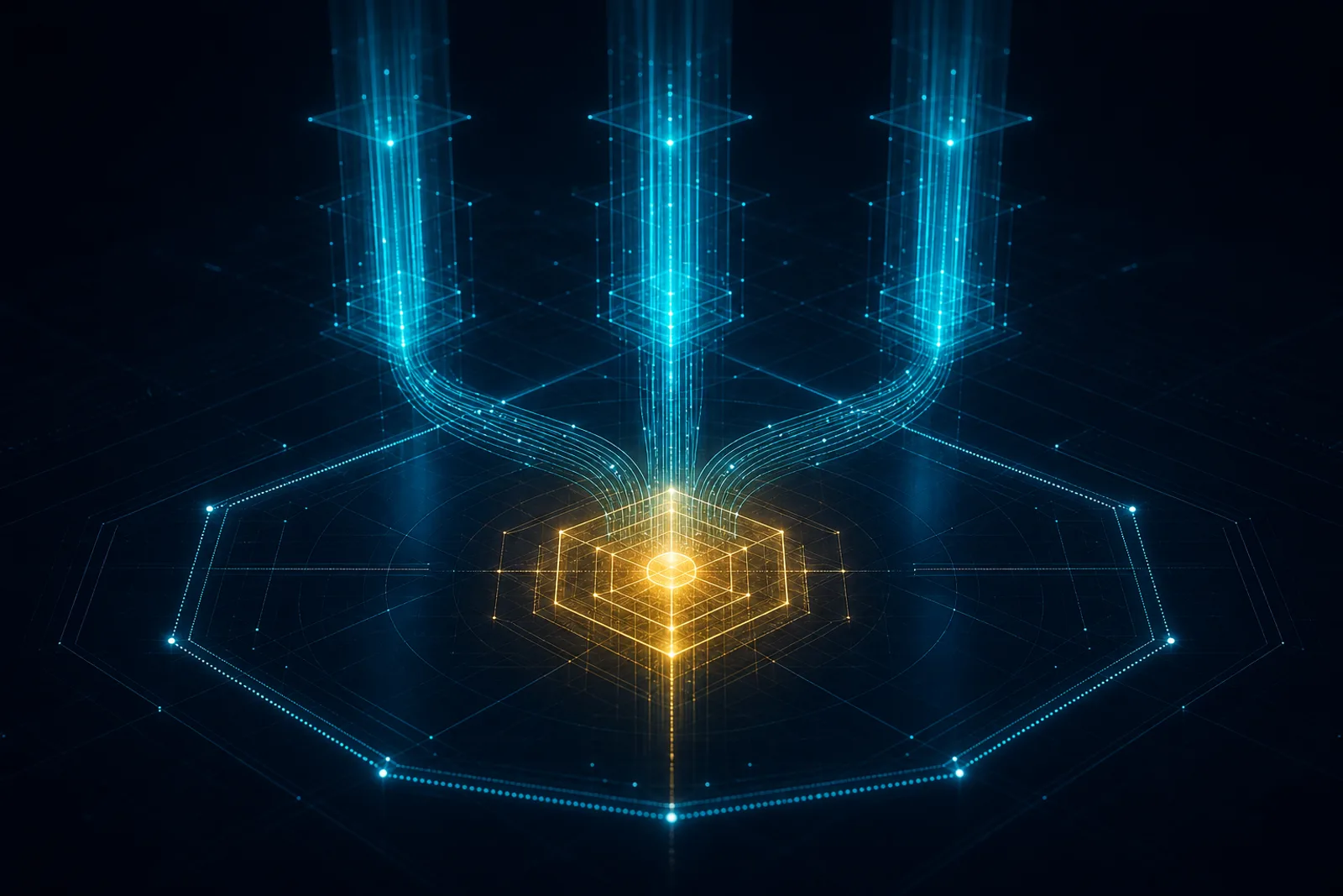 Three tall parallel cyan pillars on dark navy channel their data lines inward to converge on a single luminous gold gateway node inside a faint geometric perimeter boundary.