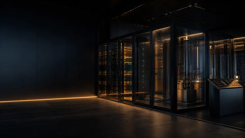 Client-controlled AI infrastructure inside a restrained glass and metal machine room